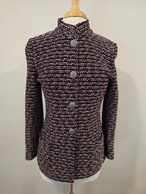 St John Mandarin Collar Black Red & White Knit Jacket